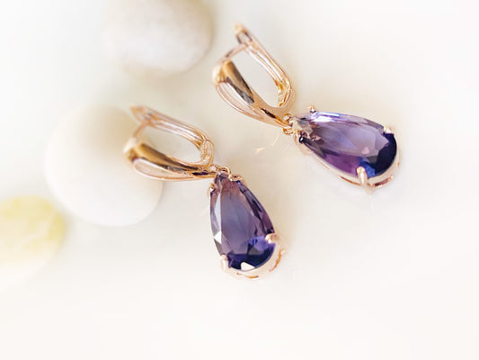 Teardrop amethyst dangling earrings, amethyst gemstone drop earrings, gift for her, gift for mom, February birthstone