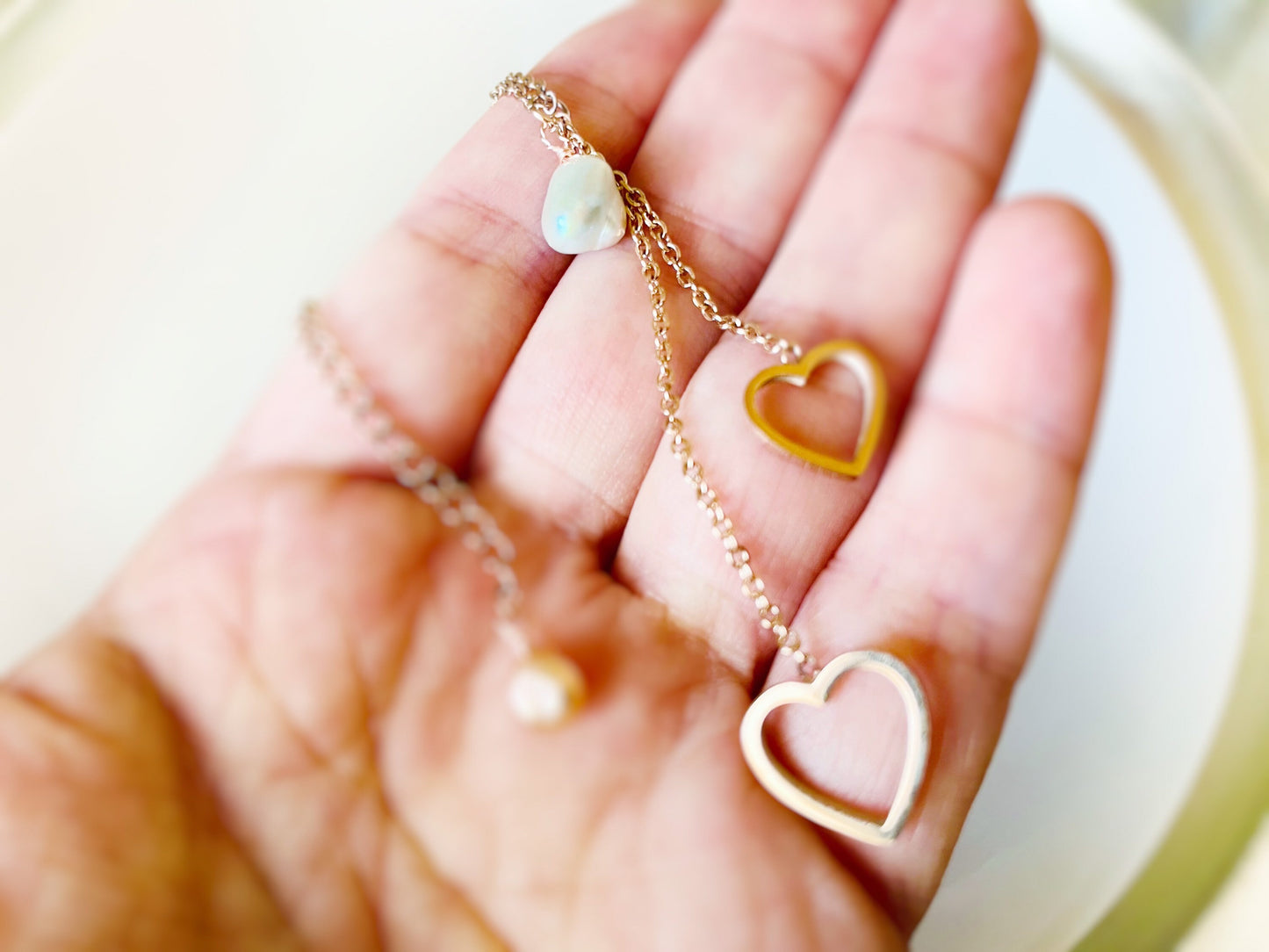 Double heart pearl lariat necklace in 18K rose gold, baroque pearl Y necklace, valentines gift, gift for her