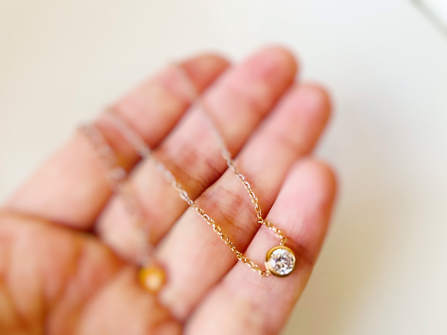 White sapphire solitaire necklace in 18K rose gold, bezel solitaire dainty necklace, gift for her, gift for Mother’s Day