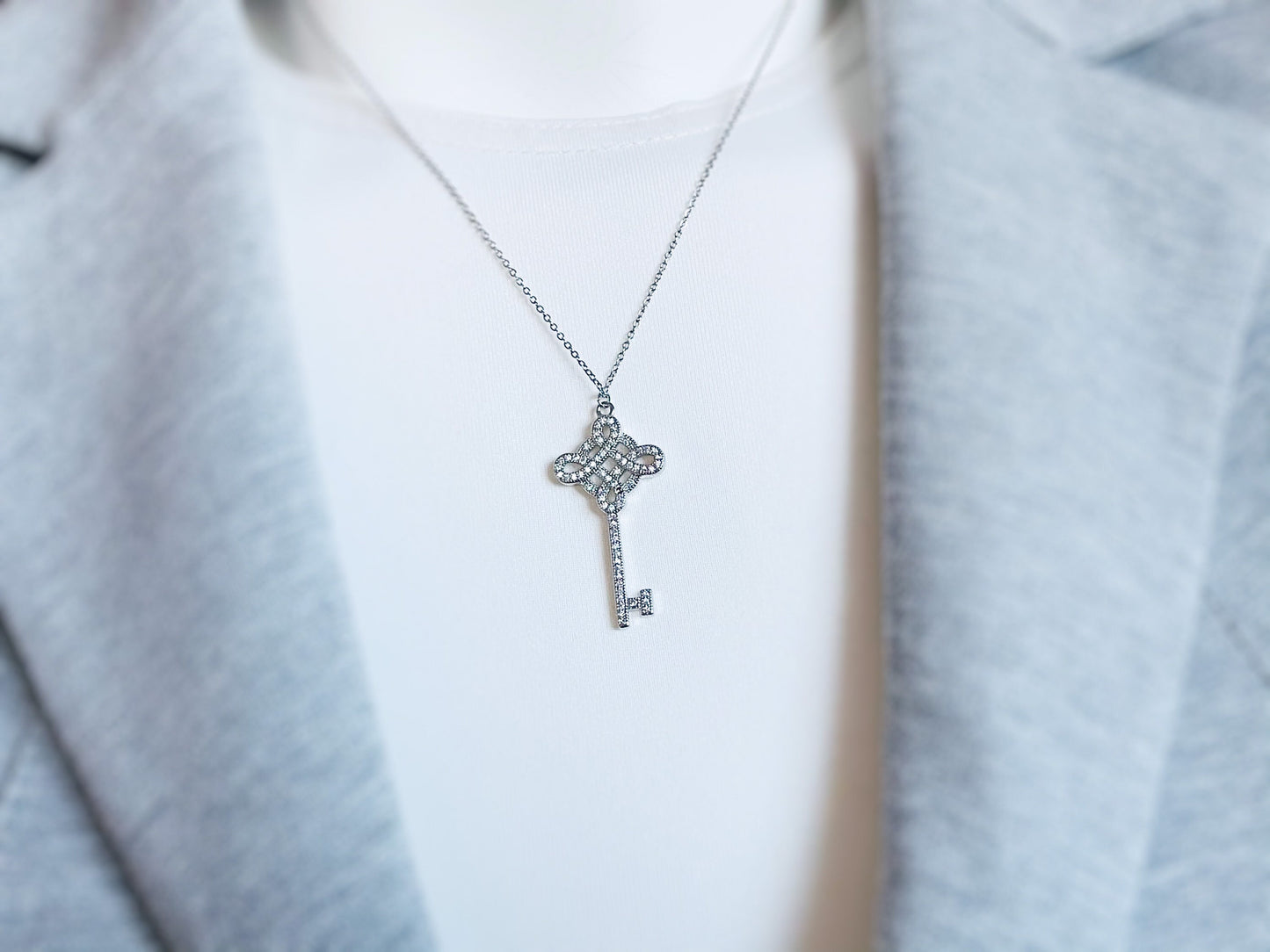 Pave key pendant necklace in 18K white gold filled, gift for her, gift for mom, Valentine’s Day gift