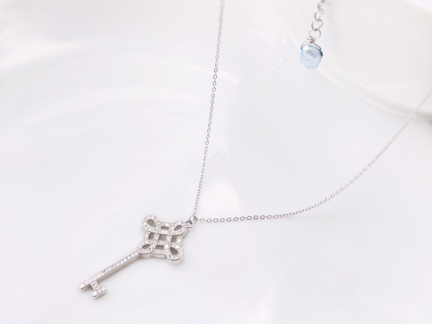 Pave key pendant necklace in 18K white gold filled, gift for her, gift for mom, Valentine’s Day gift