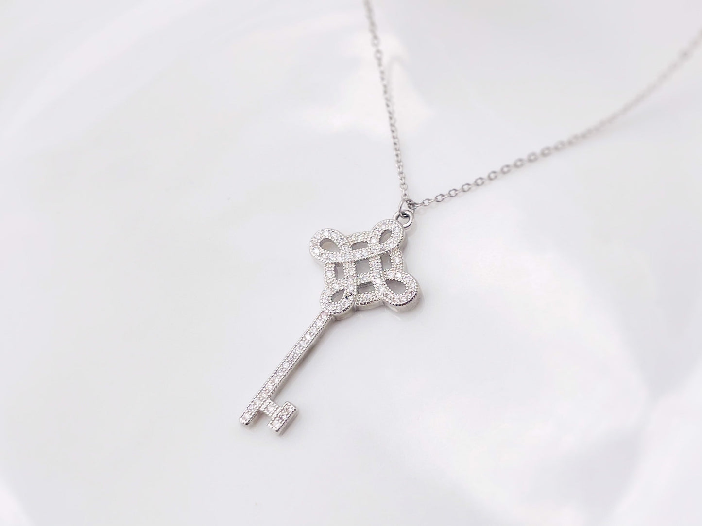Pave key pendant necklace in 18K white gold filled, gift for her, gift for mom, Valentine’s Day gift
