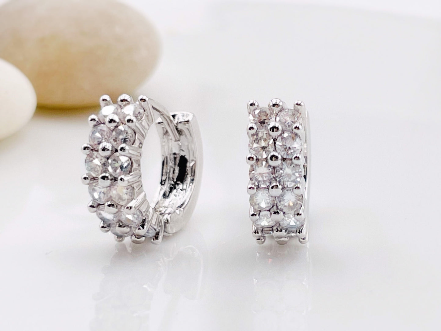 White sapphire 14mm mini hoop earrings in 18K white gold, double rows gemstone huggies, pierced ear cuff, gift for her