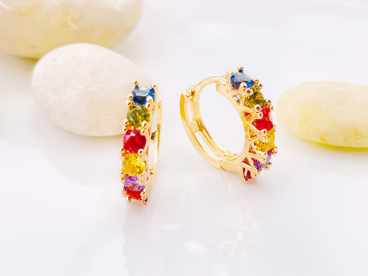 Rainbow Gemstone Hoop Earring in 14k gold, Multicolor Gemstone Hoop earrings, Gift For Her, Gift For Mom