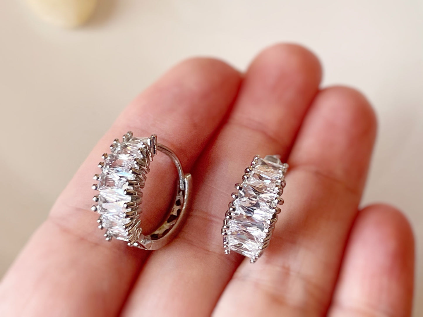 White sapphire hoop earrings, white baguette gemstone hoop, April birthstone, gift for her, gift for mom