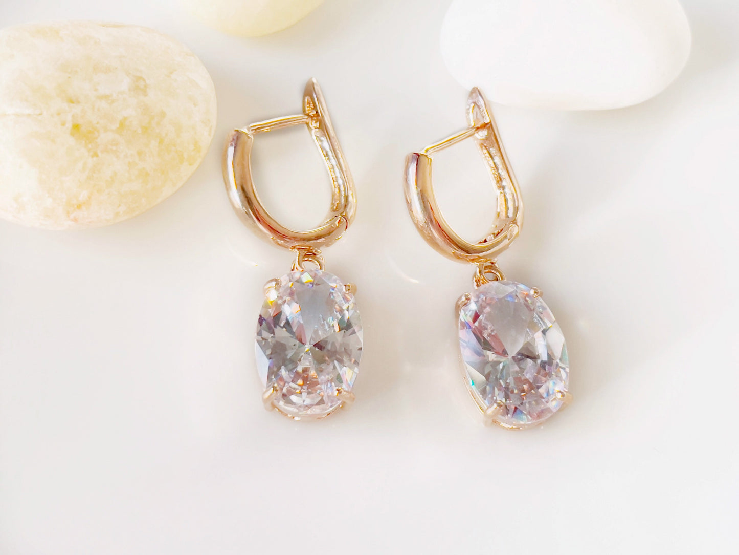 Large cushion cut white sapphire dangling earring in 14K rose gold, gift for her, gift for mom, bridal earrings