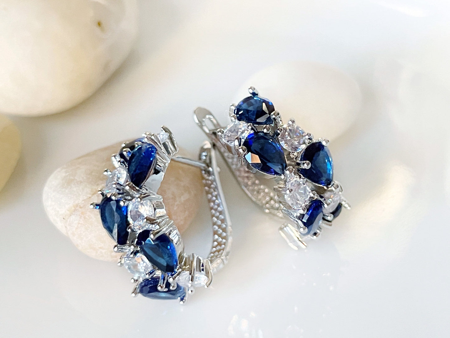Blue white sapphire statement hoop earrings, blue white gemstone large cluster hoops, September birthstone, gift for mom, gift for her