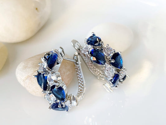 Blue white sapphire statement hoop earrings, large blue white cluster gemstone hoops, September birthstone, gift for mom, gift for her