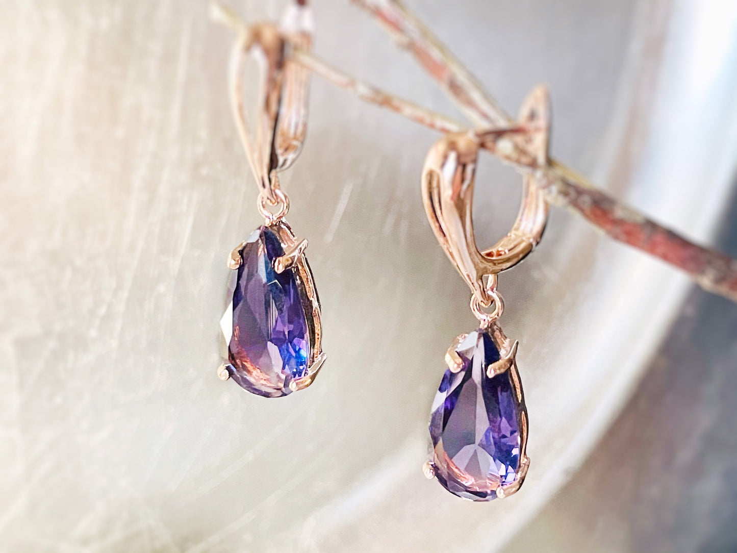 Teardrop amethyst dangling earrings, amethyst gemstone drop earrings, gift for her, gift for mom, February birthstone
