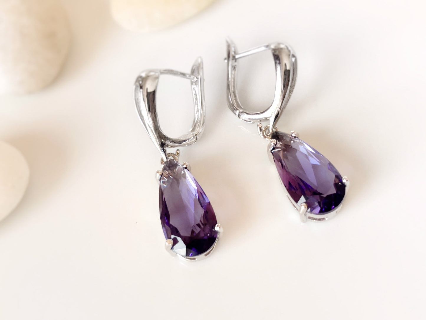 Large teardrop amethyst dangle earrings, dark purple gemstone drop earrings, gift for her, gift for mom, February birthstone
