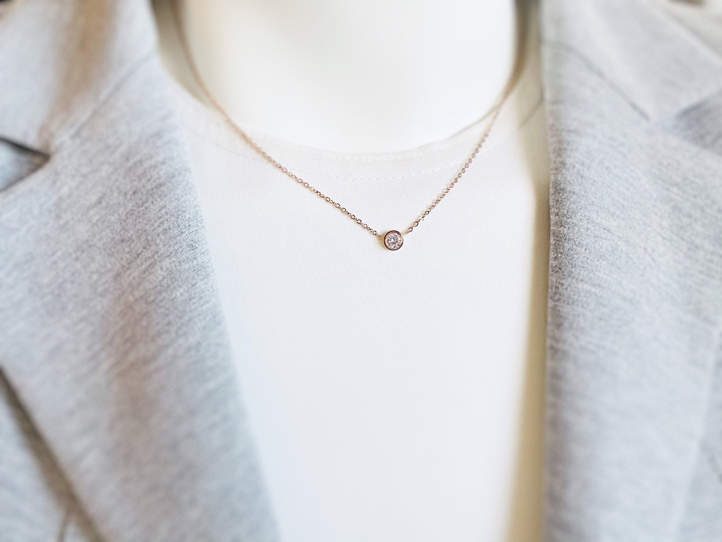 White sapphire solitaire necklace in 18K rose gold, bezel solitaire dainty necklace, gift for her, gift for Mother’s Day