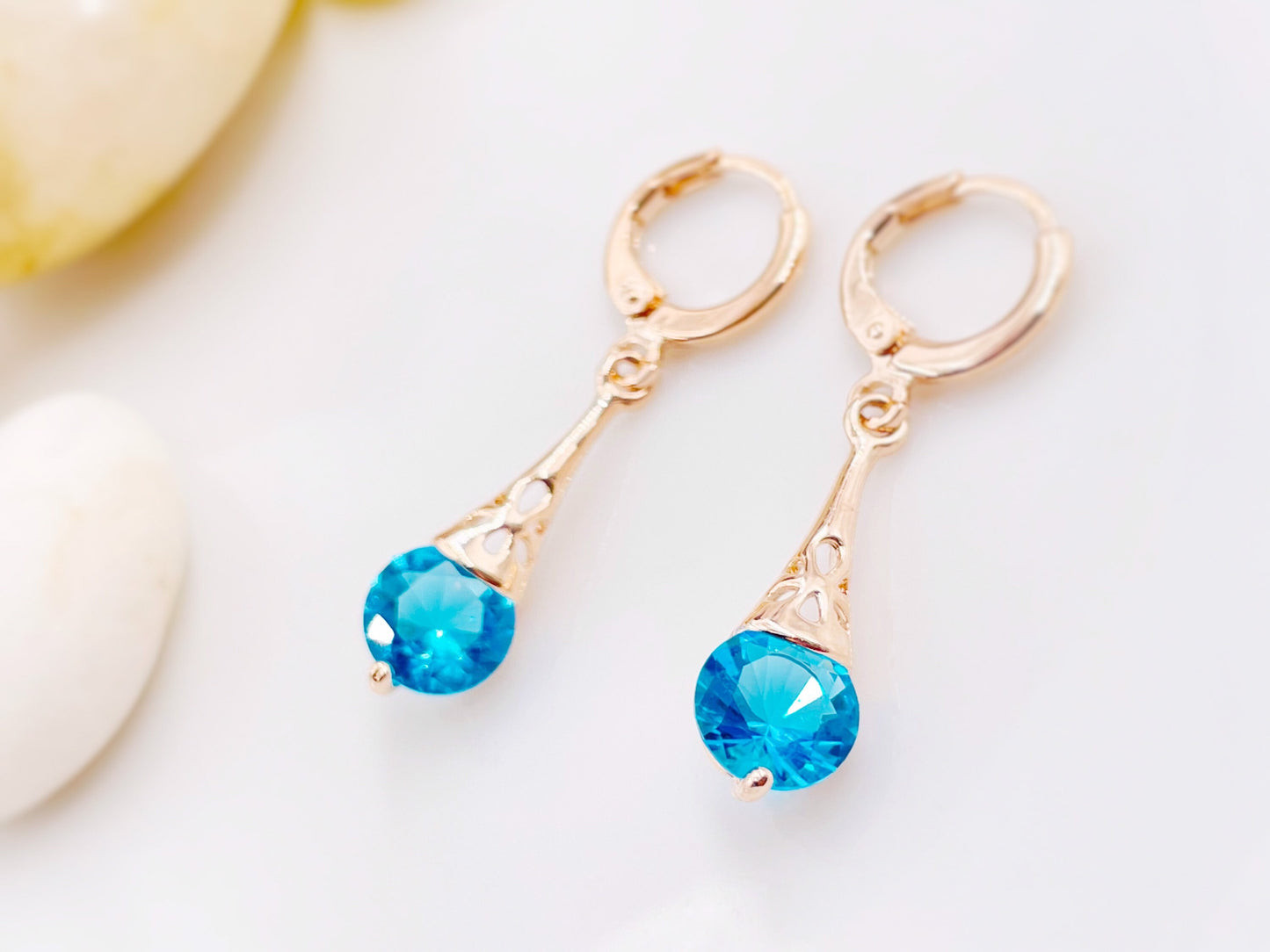Blue topaz filigree dangle earrings, small blue gemstone earrings, gift for her, gift for daughter, December birthstone earrings