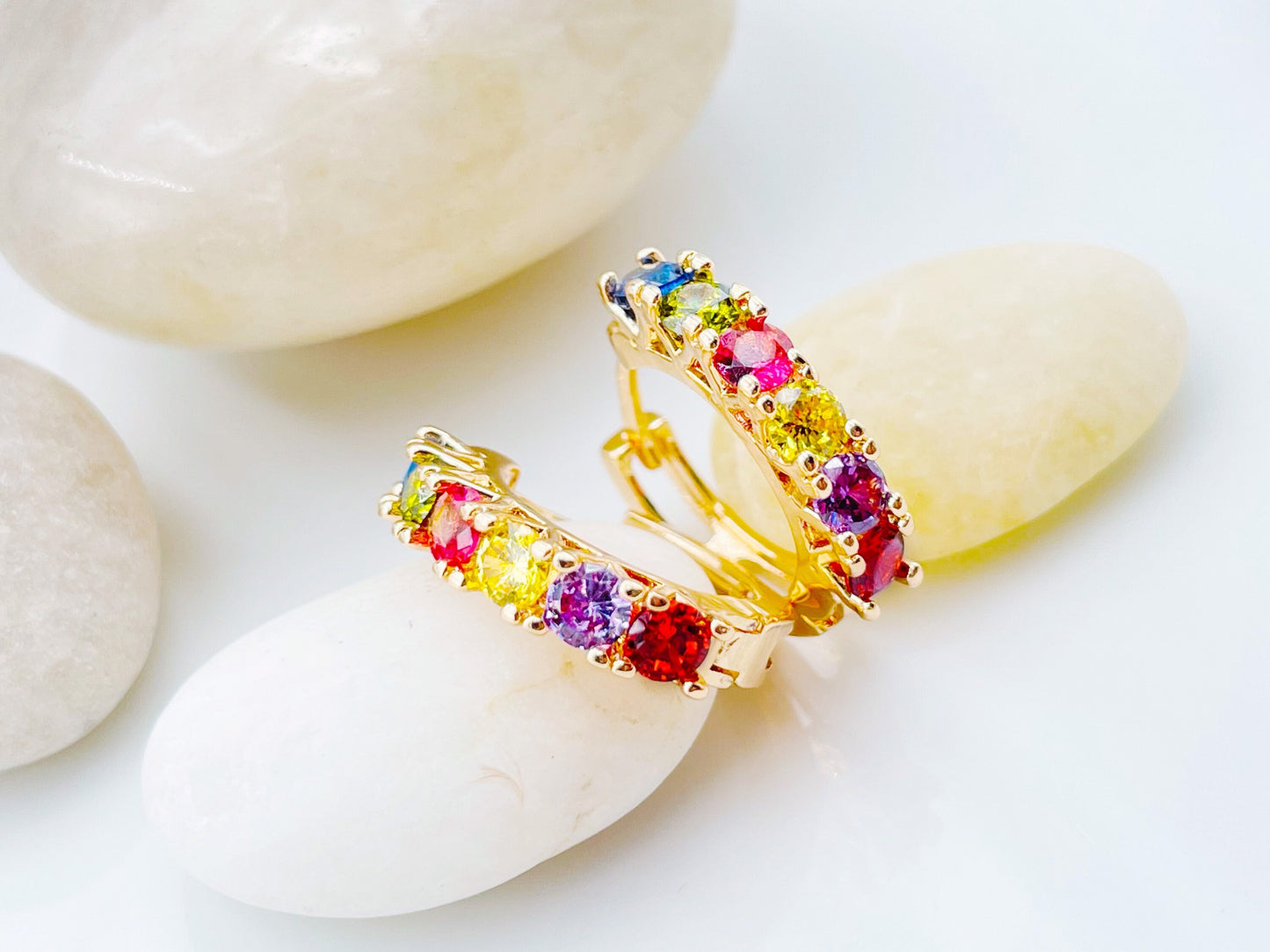 Rainbow Gemstone Hoop Earring in 14k gold, Multicolor Gemstone Hoop earrings, Gift For Her, Gift For Mom