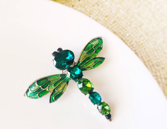 Green dragonfly crystal brooch pin, crystal enameled dragonfly brooch, animal statement brooch, gift for her, gift for mother