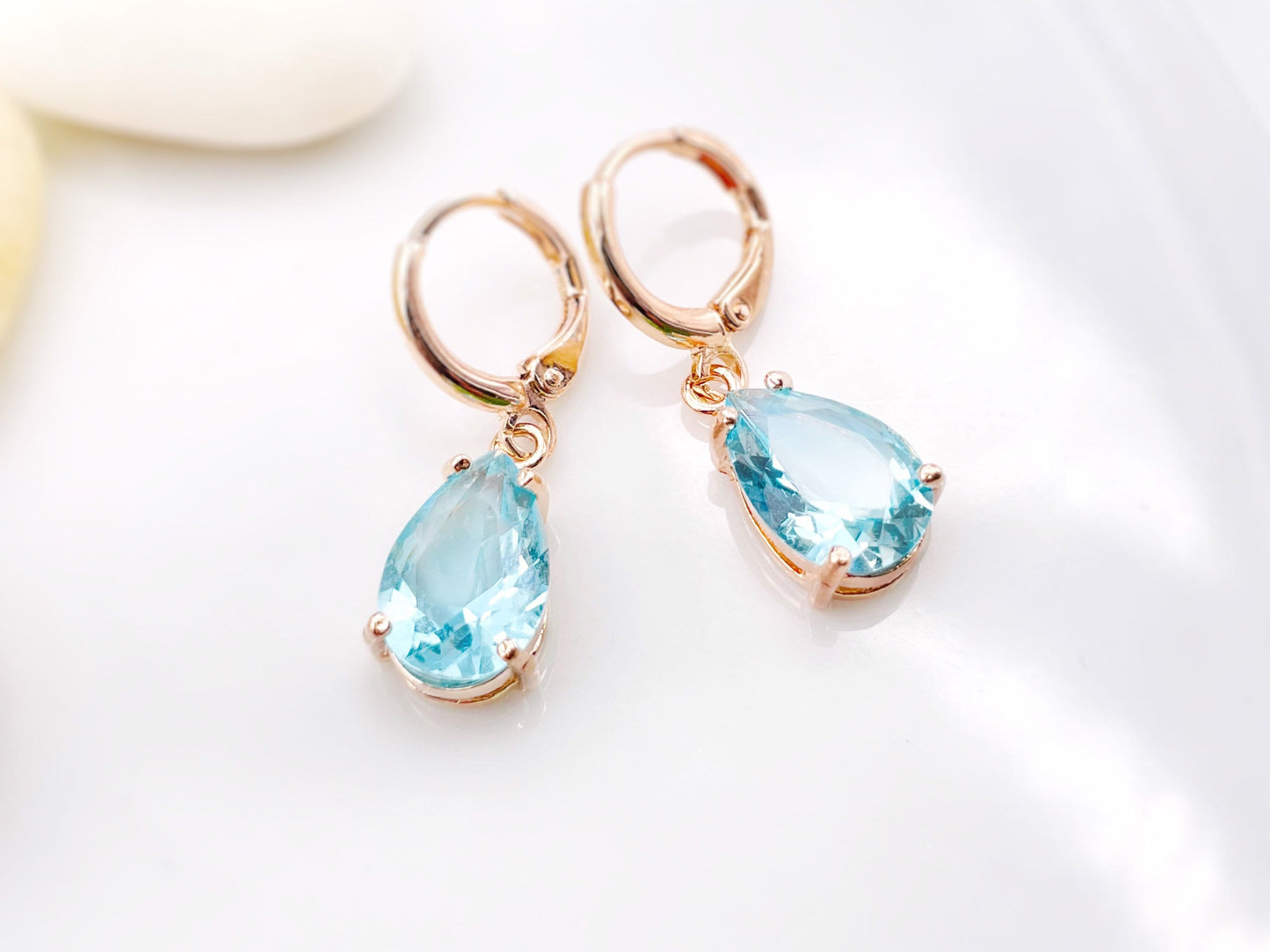 Aquamarine huggie dangle earrings, March birthstones, blue gemstone teardrop earrings, gift for her, gift for mom