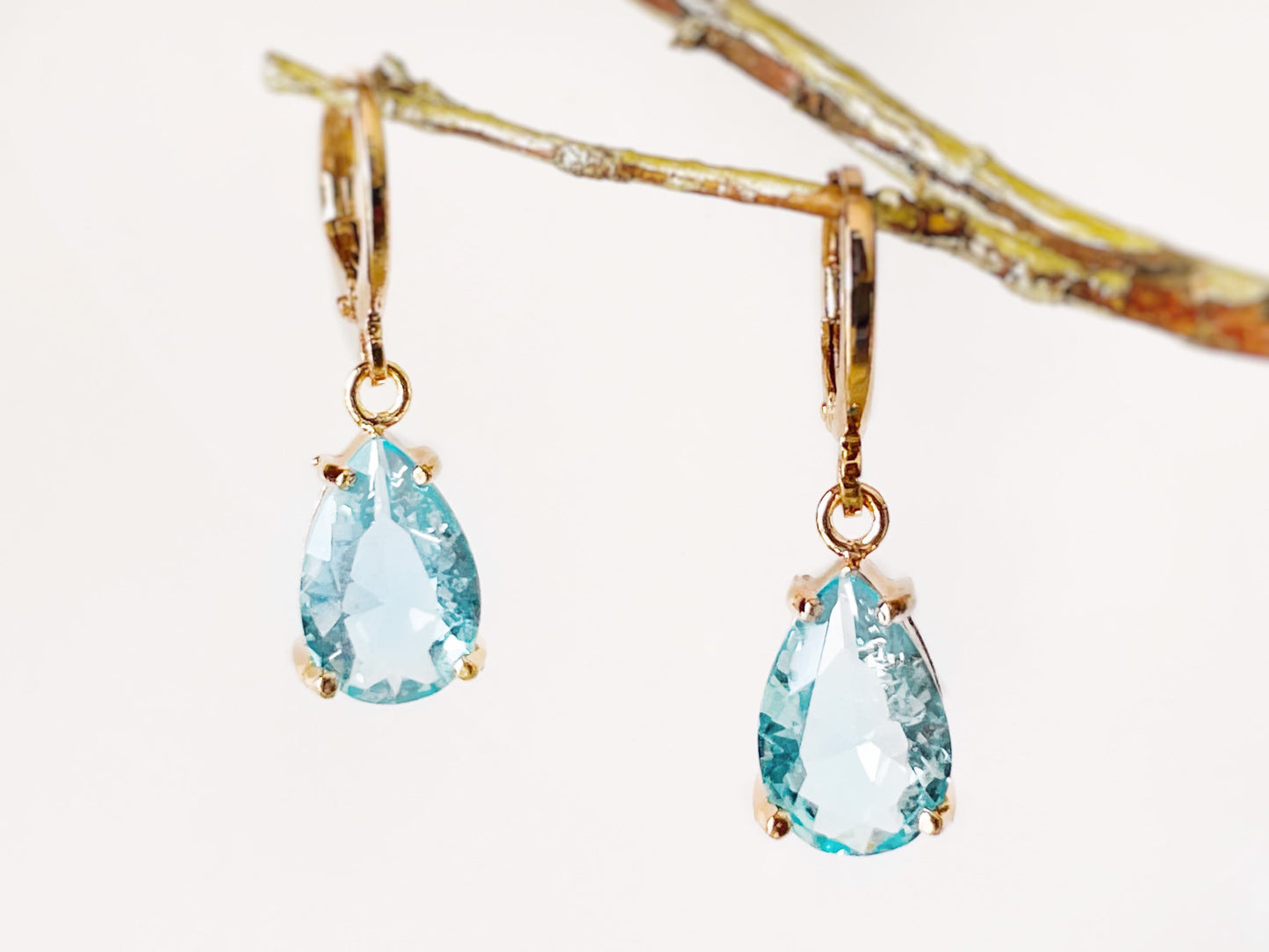 Aquamarine huggie dangle earrings, March birthstones, blue gemstone teardrop earrings, gift for her, gift for mom