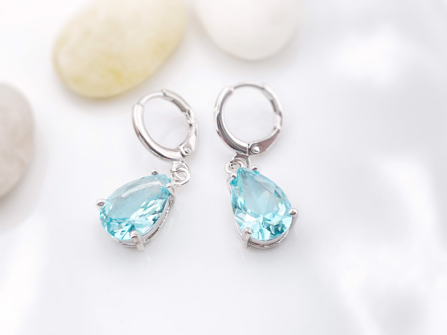 Aquamarine gemstone huggie dangle earrings, March birthstones, blue gemstone teardrop earrings, gift for her, gift for mom