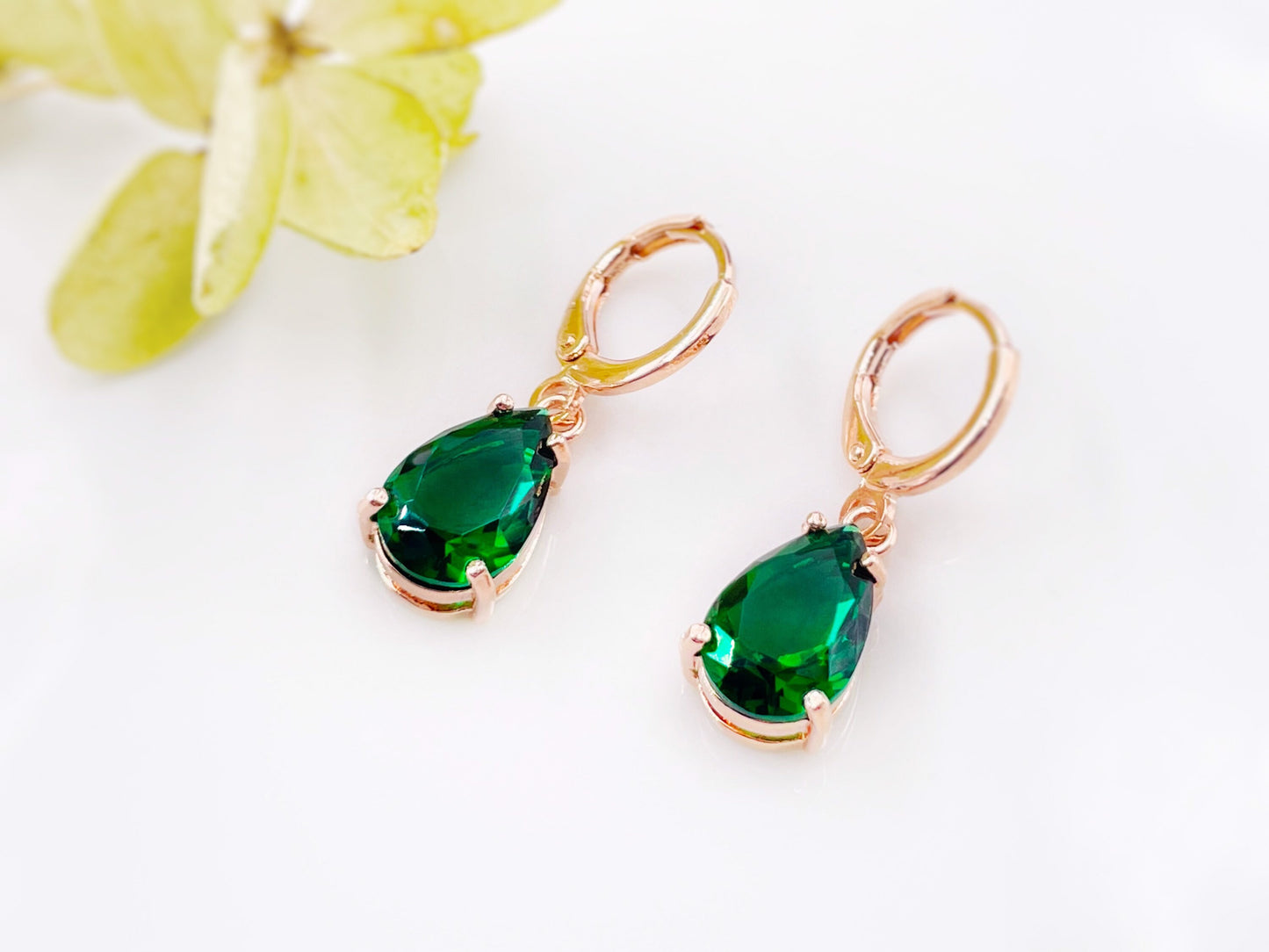Emerald green gemstone huggie dangling earring in 14K gold, May birthstones, gift for her, gift for girl