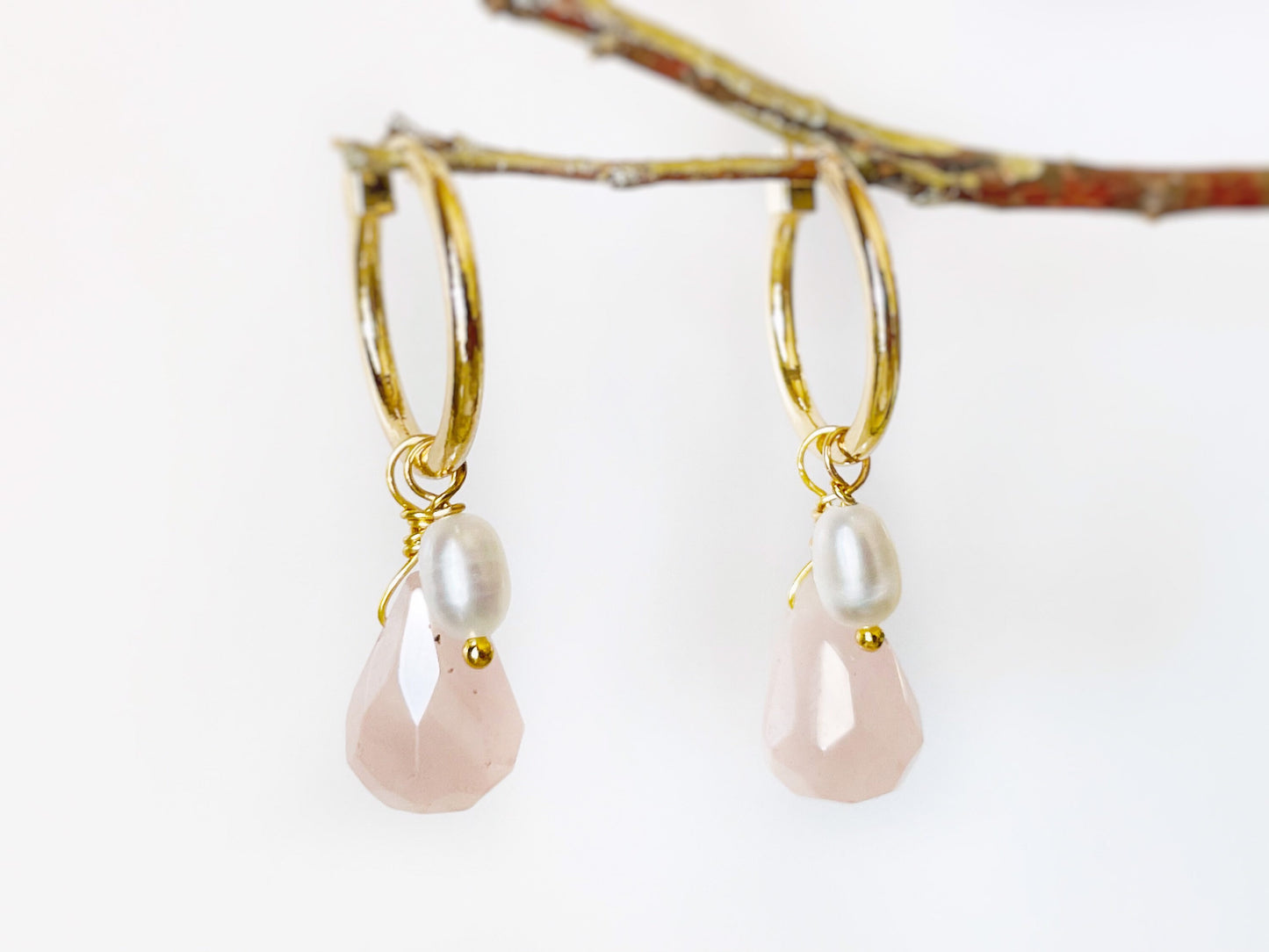 Rose quartz pearl gold hoop earrings, handmade natural pink quartz gemstone pearl earrings, October birthstone, gift for her, gift for mom