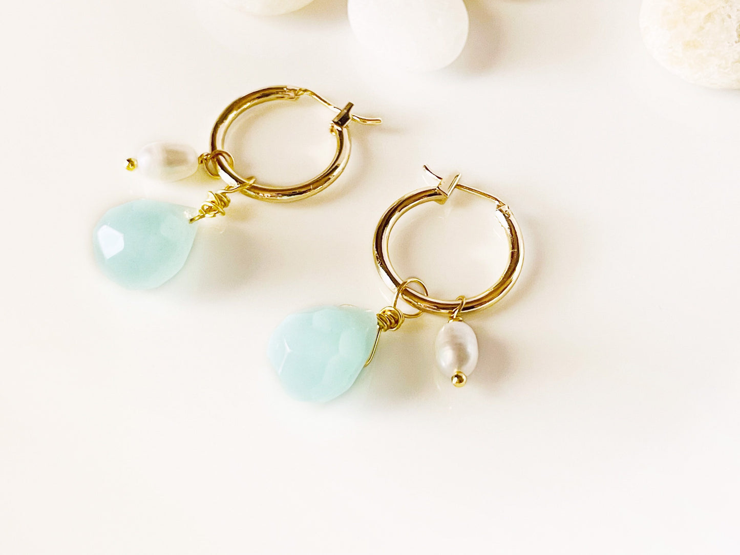 Aquamarine pearl gold hoop earrings, handmade natural gemstone pearl earrings, gift for her, gift for mom, March birthstone