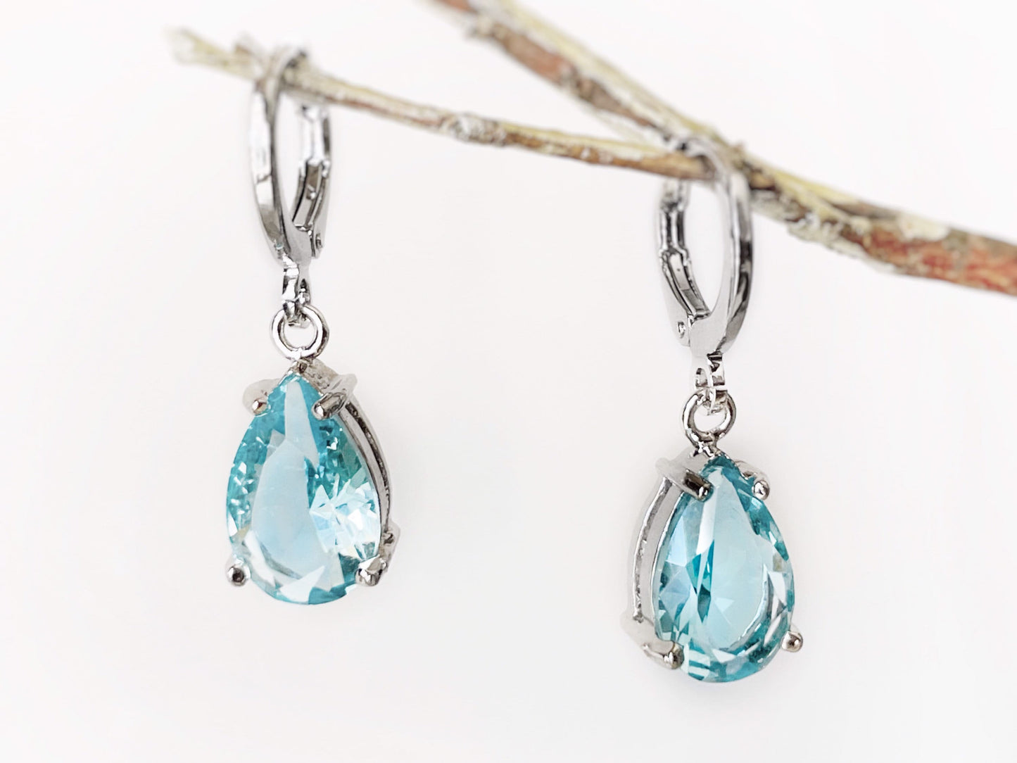 Aquamarine huggie dangle earrings, March birthstones, blue gemstone teardrop earrings, gift for her, gift for mom