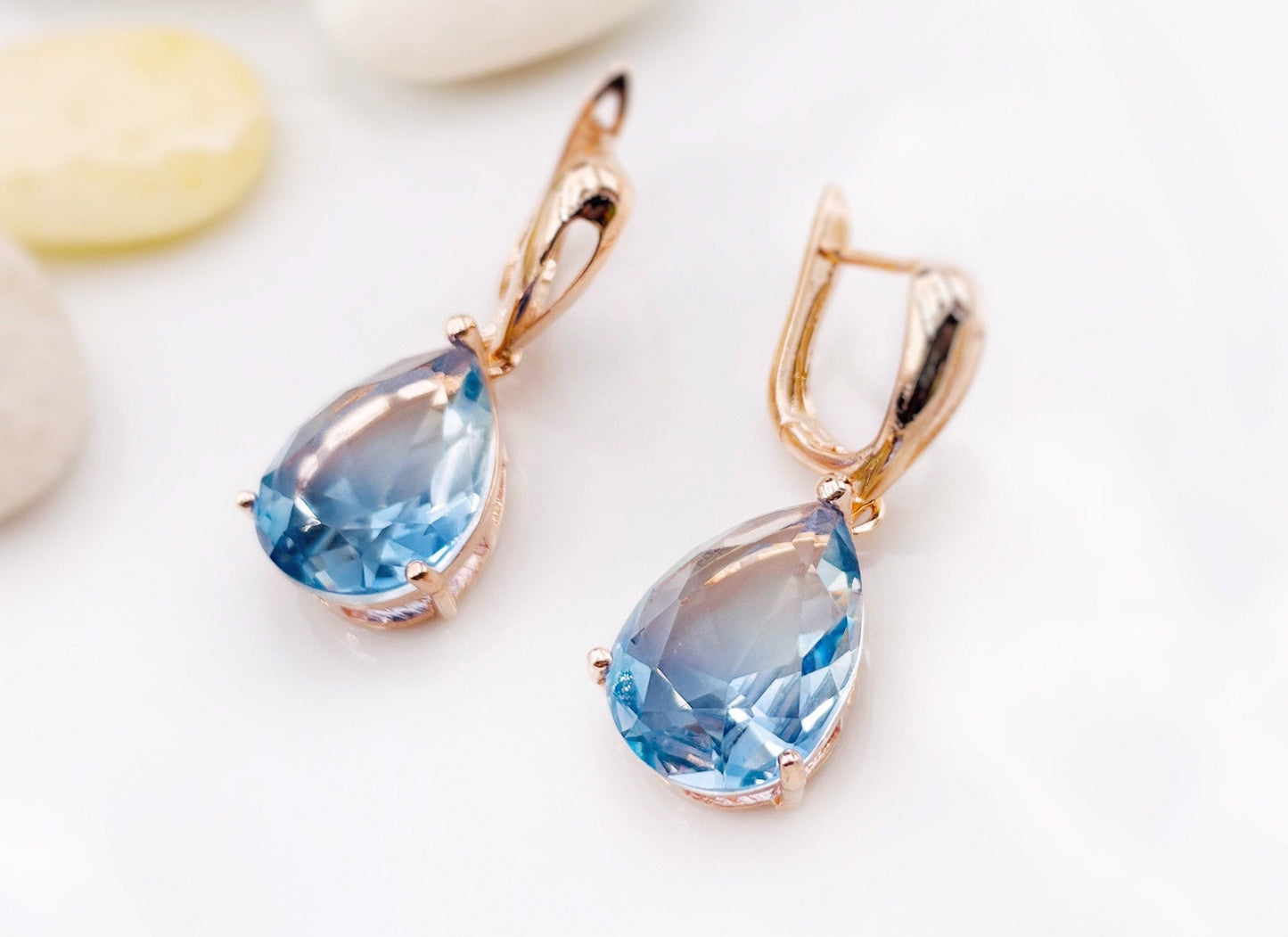 Large blue topaz pear shaped dangling earring in 14K rose gold, gift for her, gift for mom, blue bridesmaids earrings