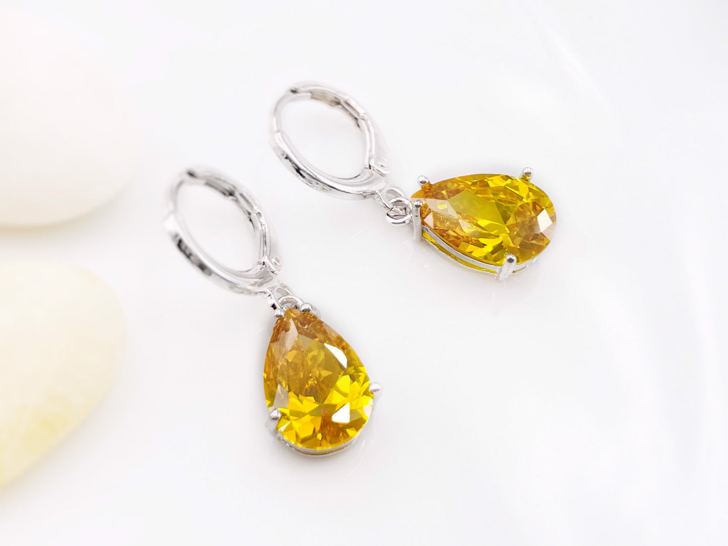 Citrine gemstone huggie dangling earring in 18K white gold, November birthstones, yellow gemstone earrings,gift for her, gift for mom