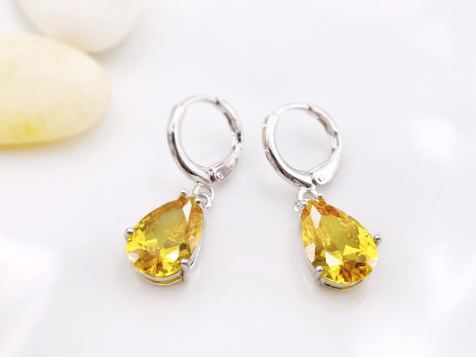 Citrine gemstone huggie dangling earring in 18K white gold, November birthstones, yellow gemstone earrings,gift for her, gift for mom