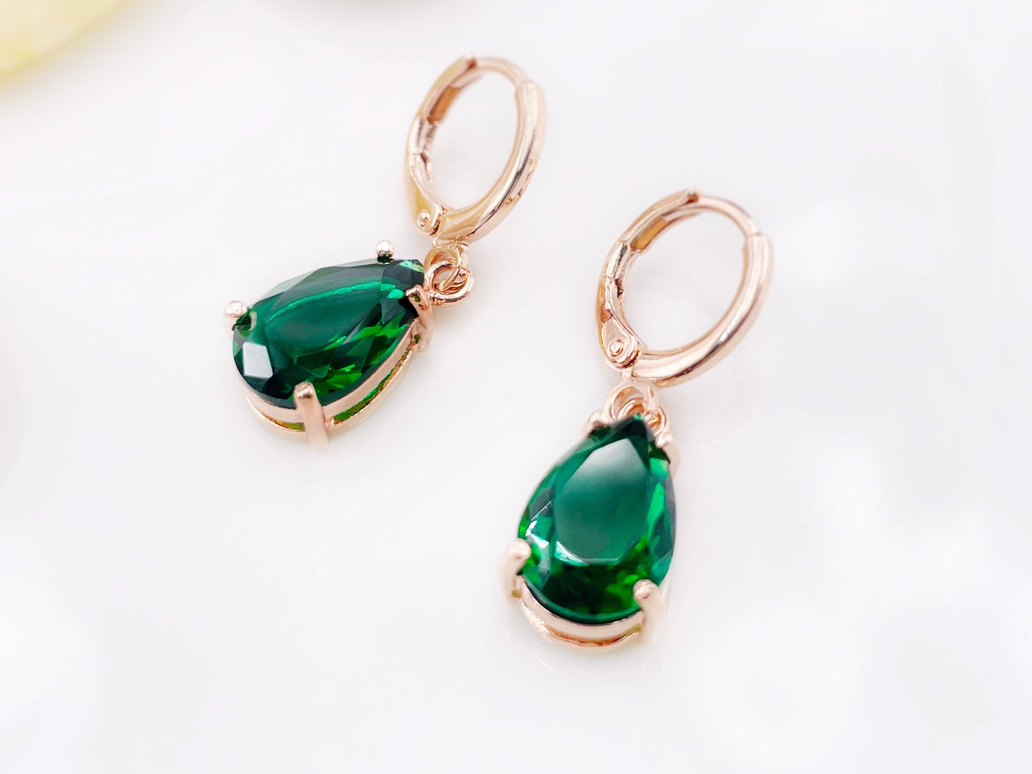 Emerald green gemstone huggie dangling earring in 14K gold, May birthstones, gift for her, gift for girl