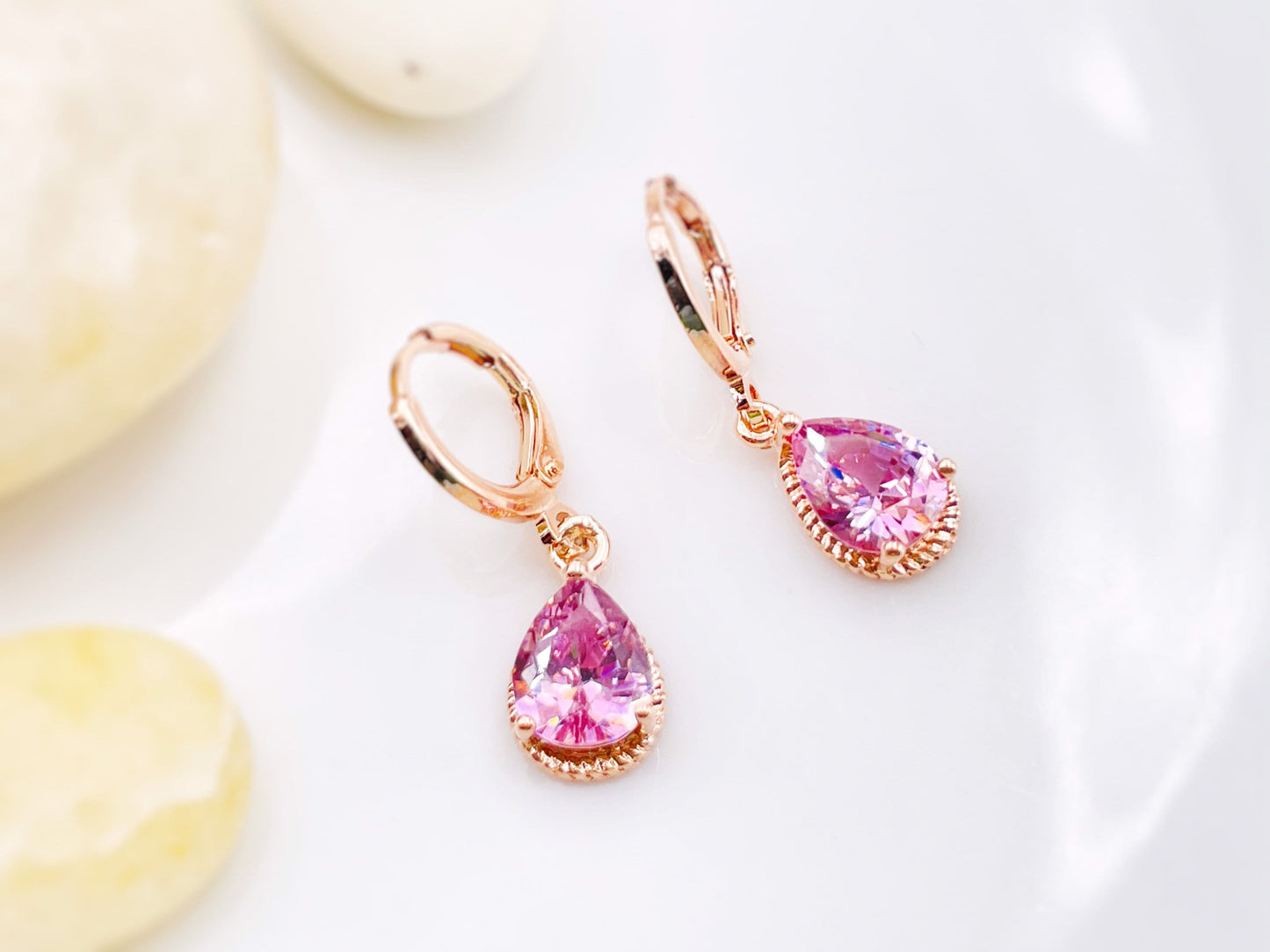 Pink sapphire gemstone huggie dangle earring in 14K gold, October birthstones, pink gem teardrop earrings, girl earrings, gift for her