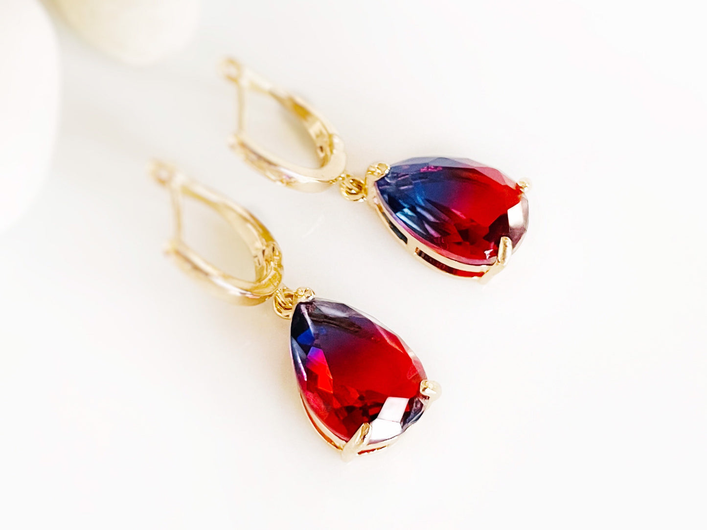 Bicolor red blue tourmaline dangle earrings, red and navy gemstone teardrop earrings, gift for her, gift for mom, July birthstone