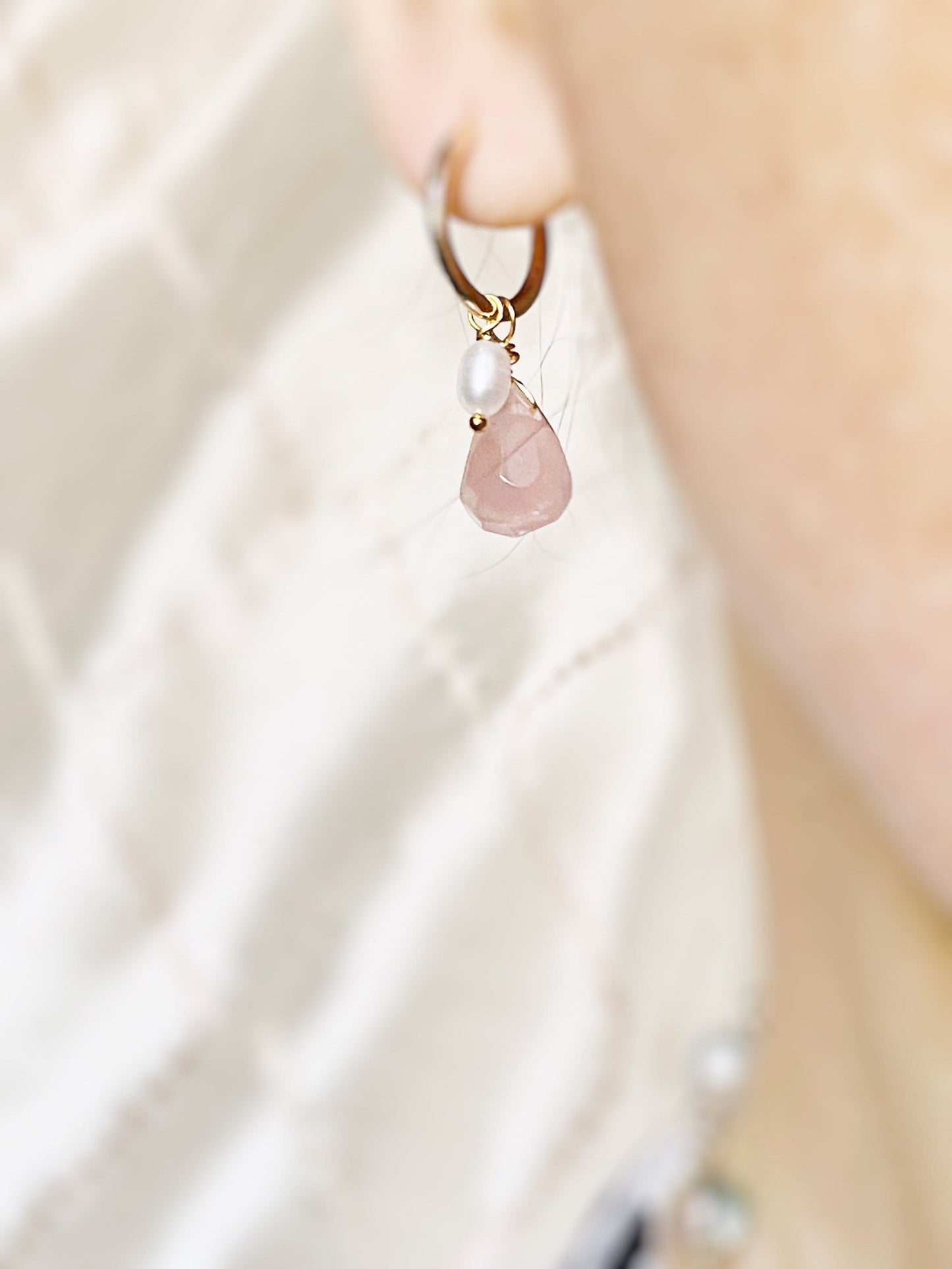 Rose quartz pearl gold hoop earrings, handmade natural pink quartz gemstone pearl earrings, October birthstone, gift for her, gift for mom