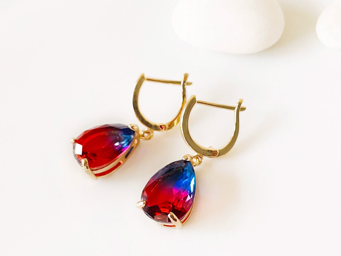 Bicolor red blue tourmaline dangle earrings, red and navy gemstone teardrop earrings, gift for her, gift for mom, July birthstone