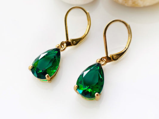 Teardrop emerald earring gold, green gemstone drop earrings, gift for her, gift for mom, May birthstone, ruby drop earrings