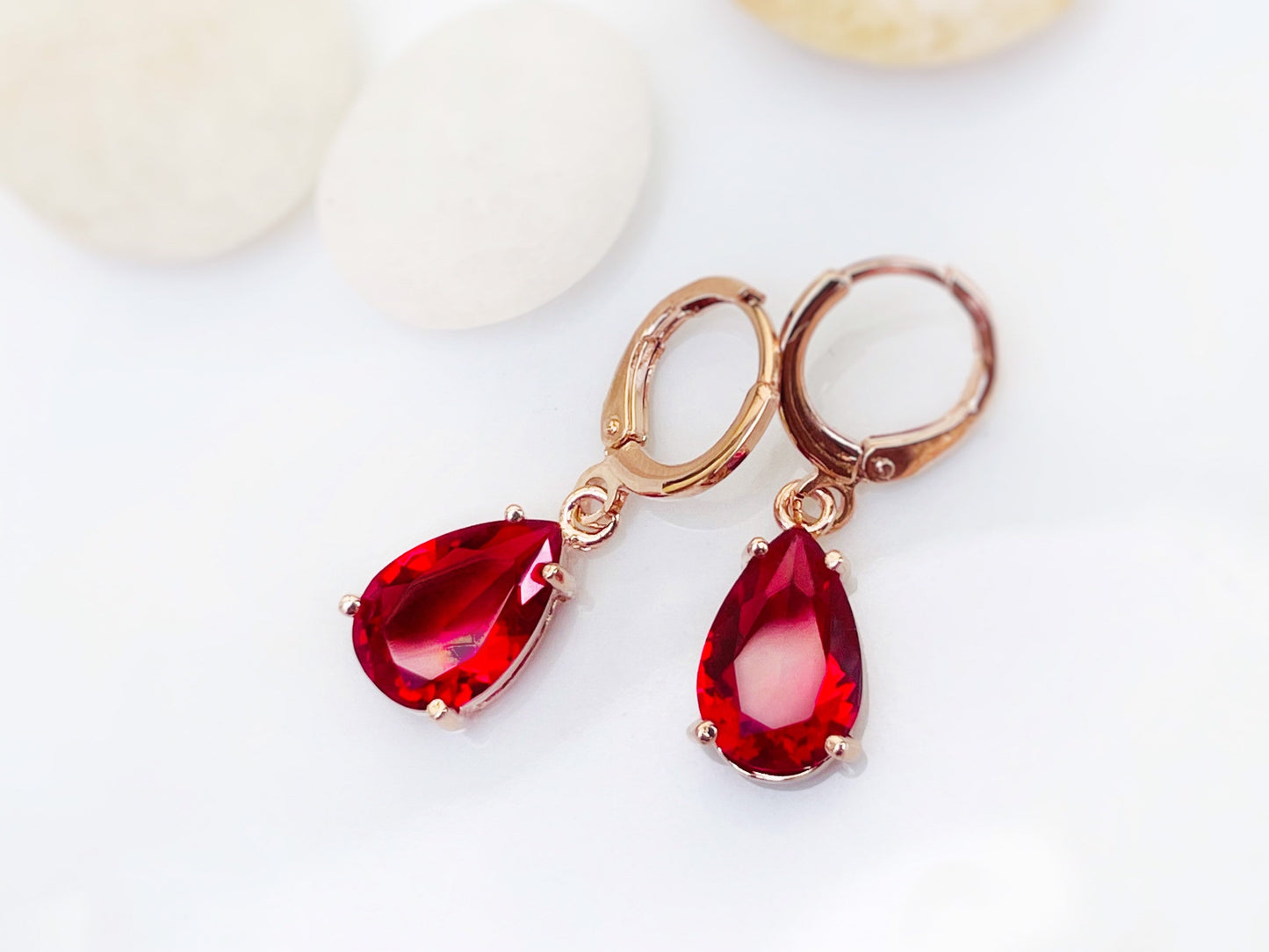 Teardrop ruby gemstone huggie dangling earring in 14k rose gold, July birthstones, red gemstone earrings, gift for her, gift for mom