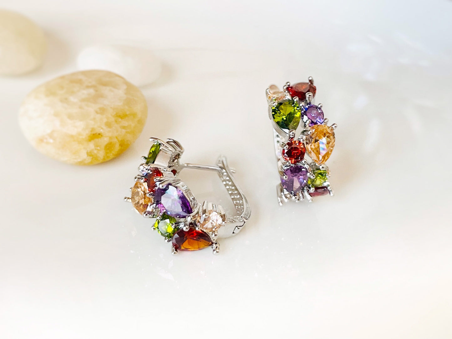 Multicolored gemstone hoop earrings in 18K white gold, rainbow gemstone statement hoop, gift for mom, gift for her