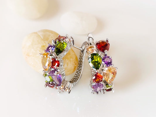 Multicolored gemstone hoop earrings in 18K white gold, rainbow gemstone statement hoop, gift for mom, gift for her
