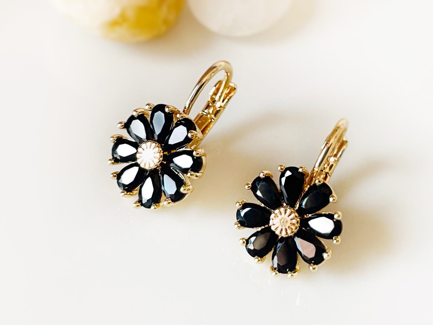 Onyx flower dangle earrings, black gemstone daisy flower earrings, small daisy flower leverback earrings, gift for mom, gift for her