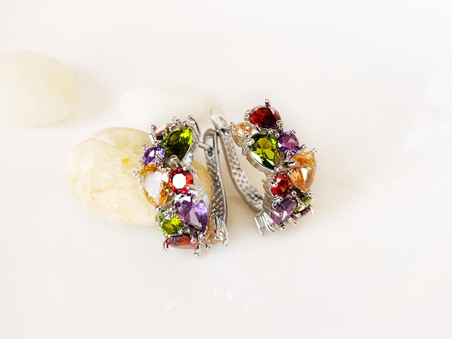 Multicolored gemstone hoop earrings in 18K white gold, rainbow gemstone statement hoop, gift for mom, gift for her