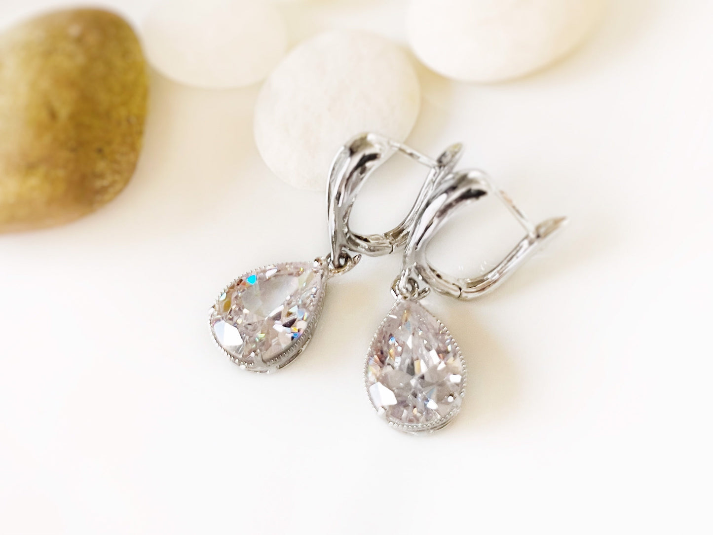 White sapphire teardrop earring, April birthstones, large white gemstone earrings, gift for  mom, bridal party earrings