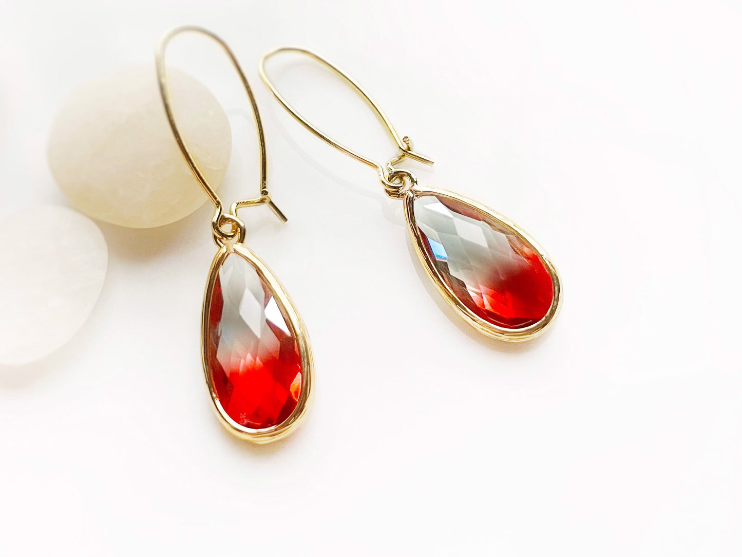 Bicolor imperial topaz long earrings in 14K gold, long statement orange crystal earrings, gift for her, gift for mom