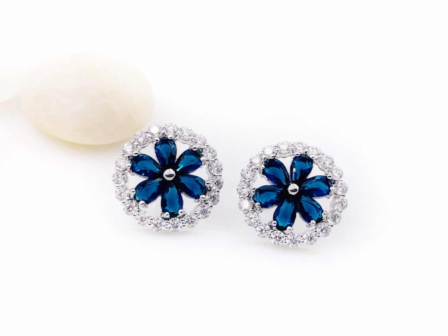 Halo sapphire flower stud earring in 18K white gold, statement blue gemstone flower stud earrings, September birthstone, gift for mom
