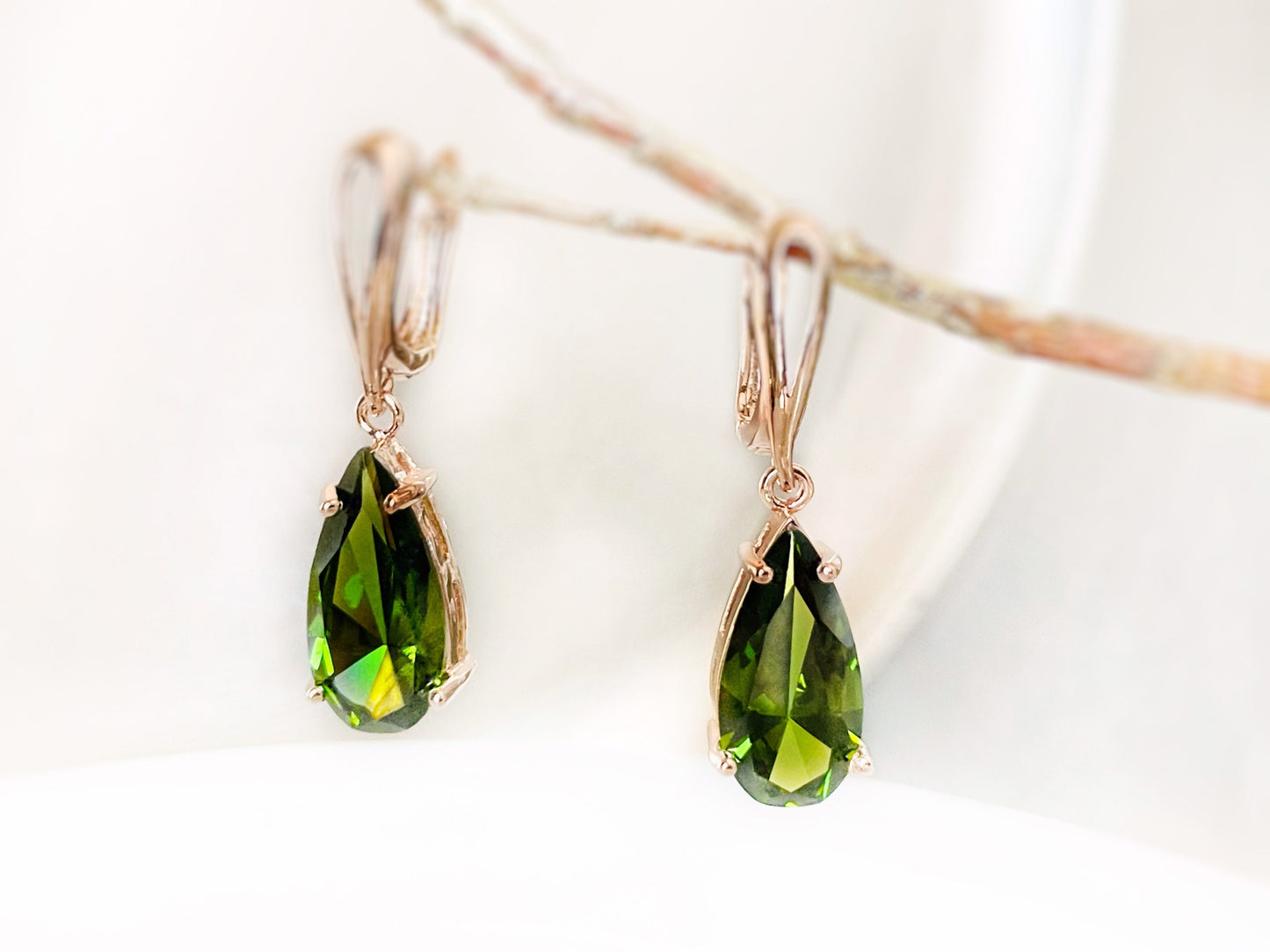 Peridot teardrop dangle earrings, olive green gemstone earrings, gift for her, gift for mom, August birthday gift