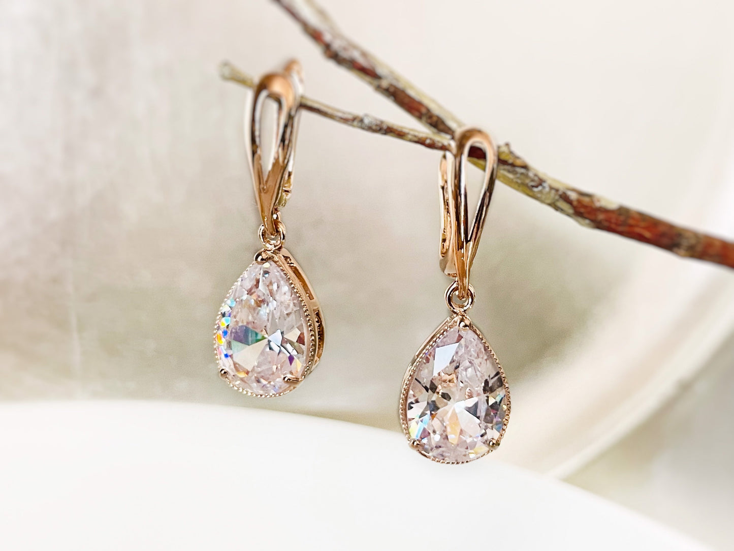 White sapphire teardrop earring, April birthstones, large white gemstone earrings, gift for  mom, bridal party earrings