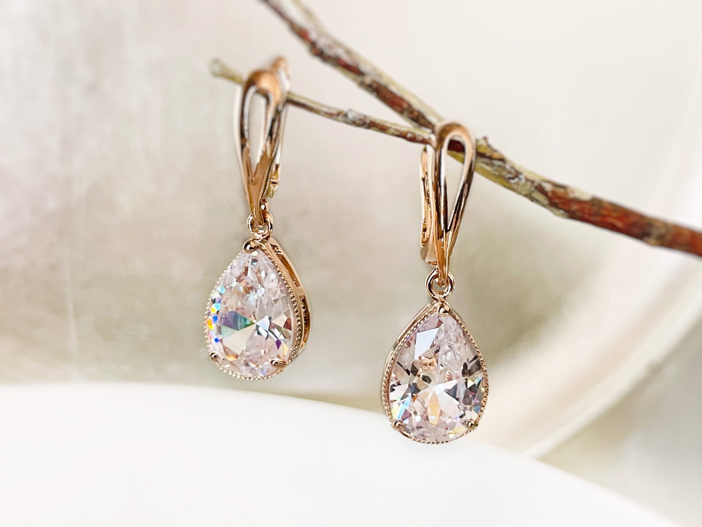 White sapphire teardrop dangle earrings,  large teardrop white gemstone earrings, gift for  mom, bridal party earrings, April birthstone