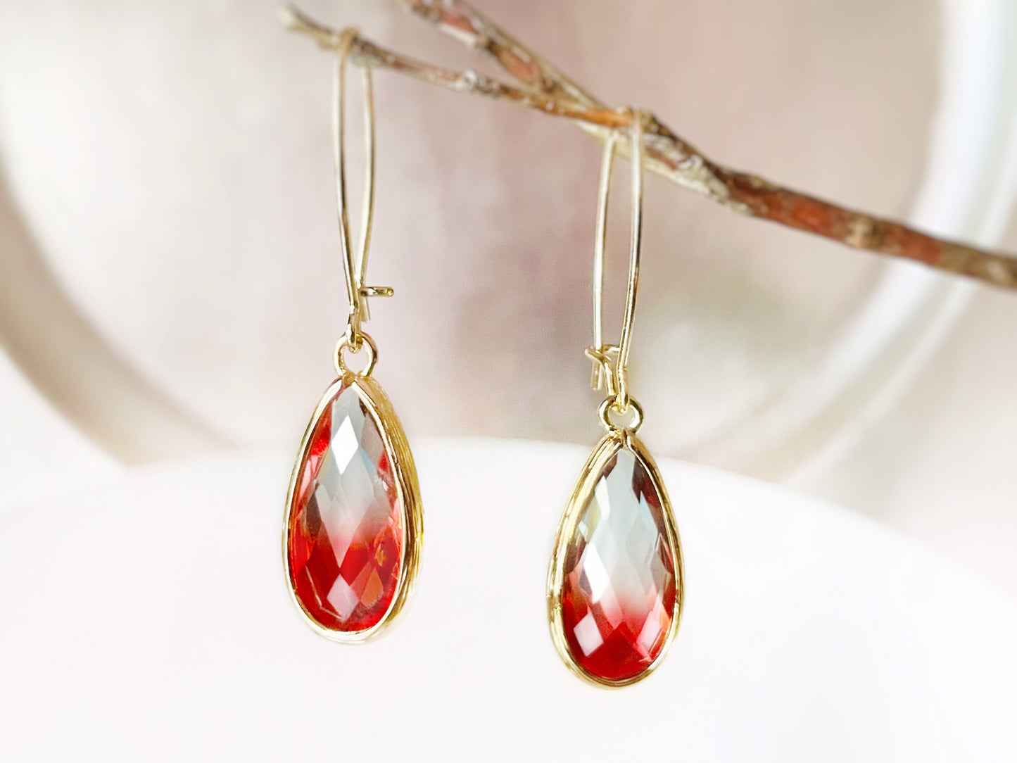 Bicolor imperial topaz long earrings in 14K gold, long statement orange crystal earrings, gift for her, gift for mom