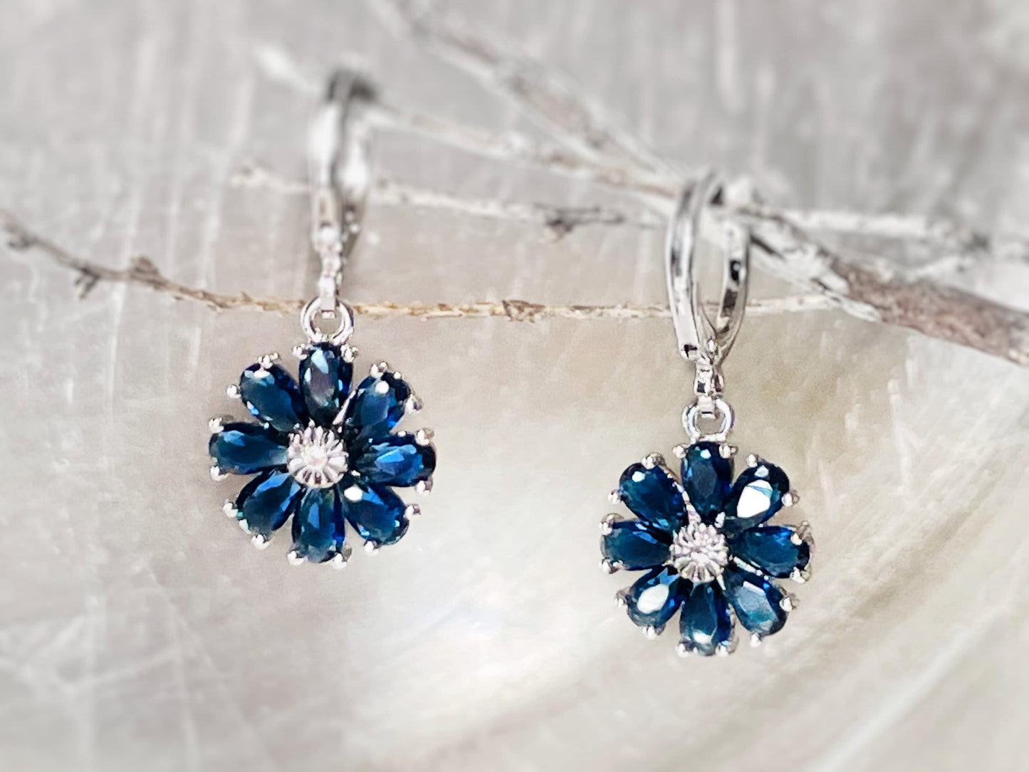 Daisy sapphire 2pc jewelry set, blue gemstone flower drop earrings, September birthstone, gift for mom, gift for her