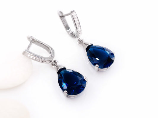 Teardrop sapphire earrings, dark blue gemstone sapphire gemstone drop earrings, bridesmaids earrings, gift for her, September birthstones