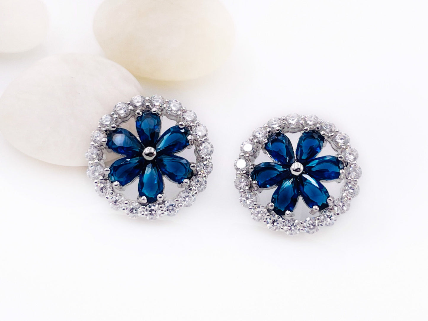 Halo sapphire flower stud earring in 18K white gold, statement blue gemstone flower stud earrings, September birthstone, gift for mom