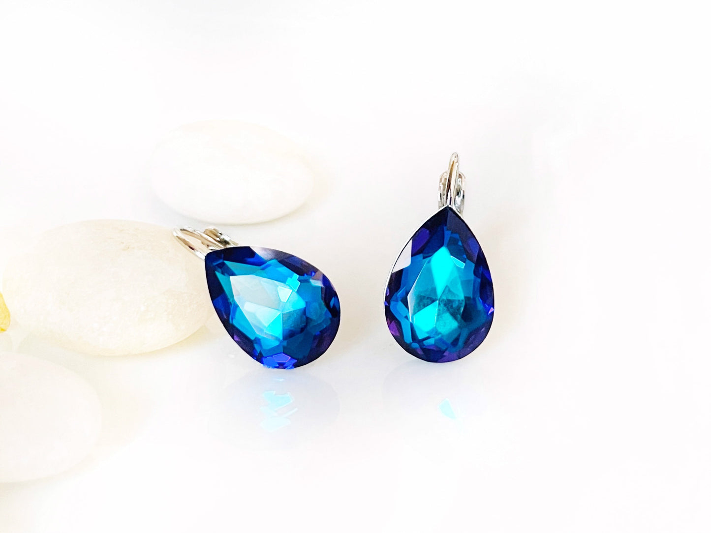 Bermuda Blue Fancy crystal dangle earrings, blue crystal lever back studs, fancy blue Crystal, bridal earrings, gift for her